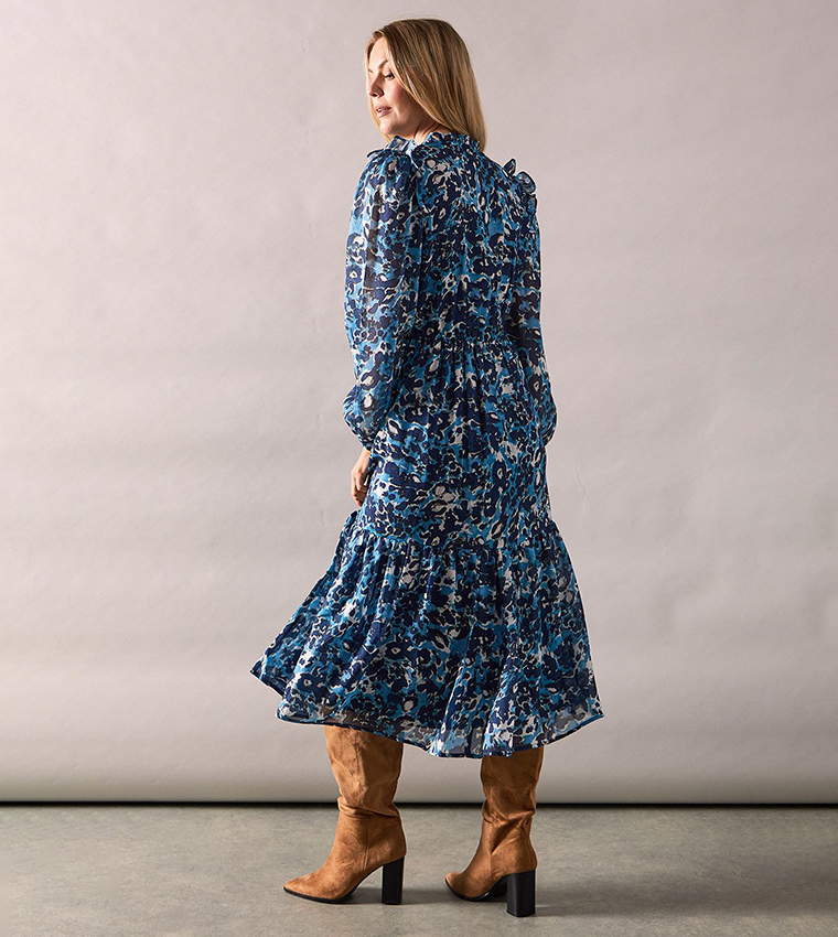 Animal Printed Tie Neck Tiered Midi Dress