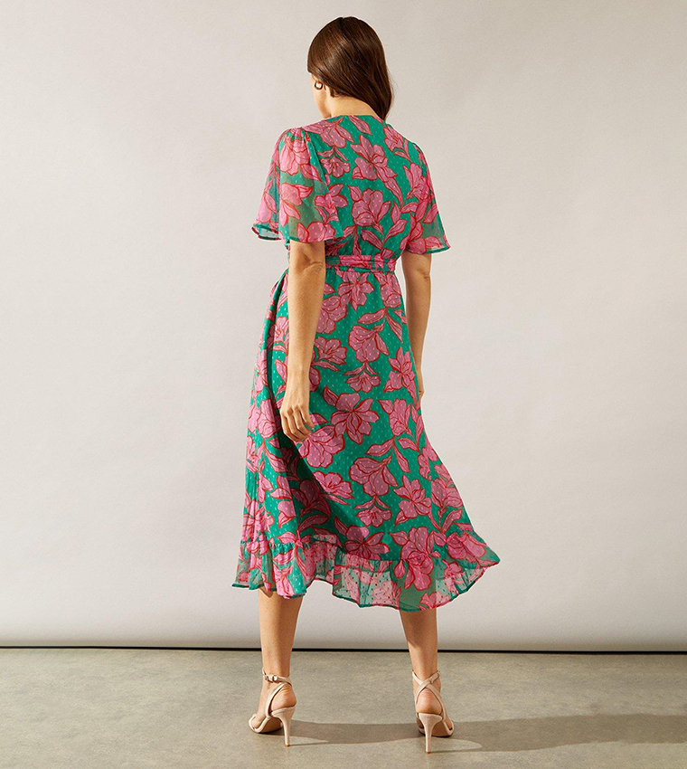 Buy Wallis Floral Print Wrap Flutter Sleeves Midi Dress In Green