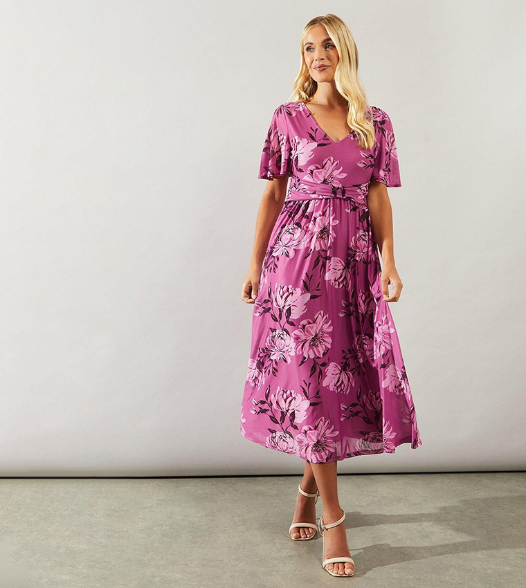 Petite Floral Printed Mesh Wrap Waist Midi Dress