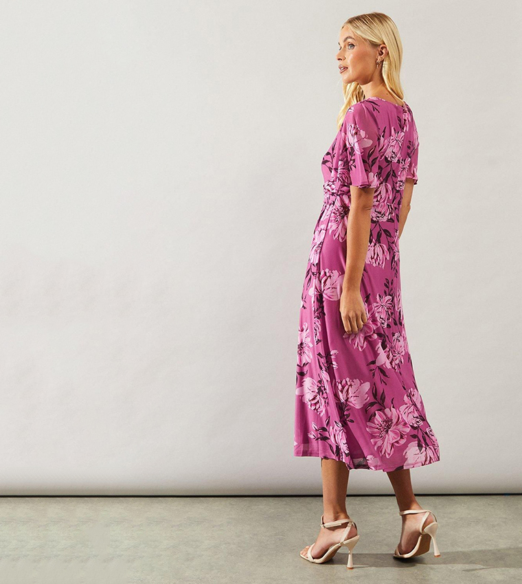 Petite Floral Printed Mesh Wrap Waist Midi Dress