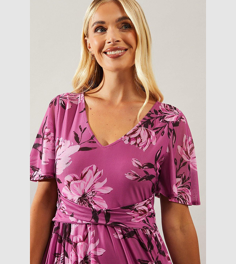 Petite Floral Printed Mesh Wrap Waist Midi Dress
