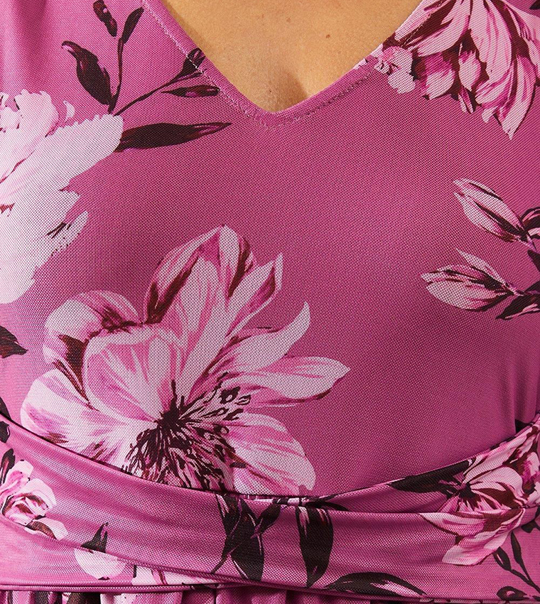 Petite Floral Printed Mesh Wrap Waist Midi Dress