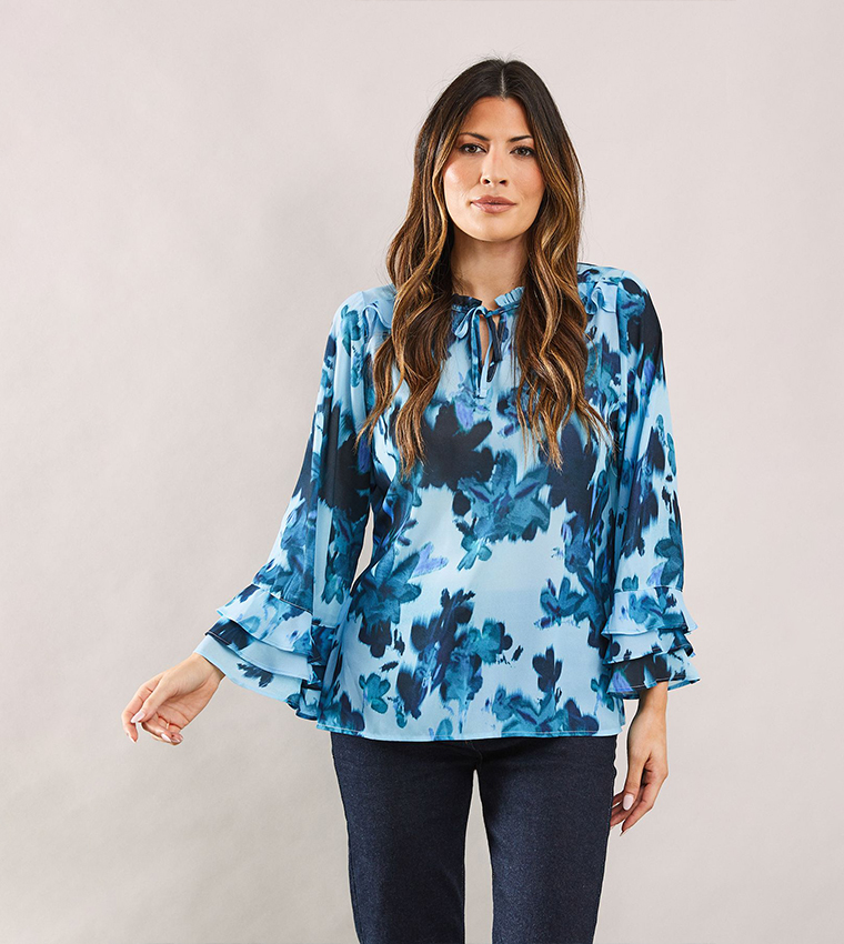 Floral Printed Ruffle Detail Tie Neck Top