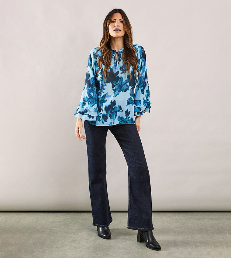 Floral Printed Ruffle Detail Tie Neck Top