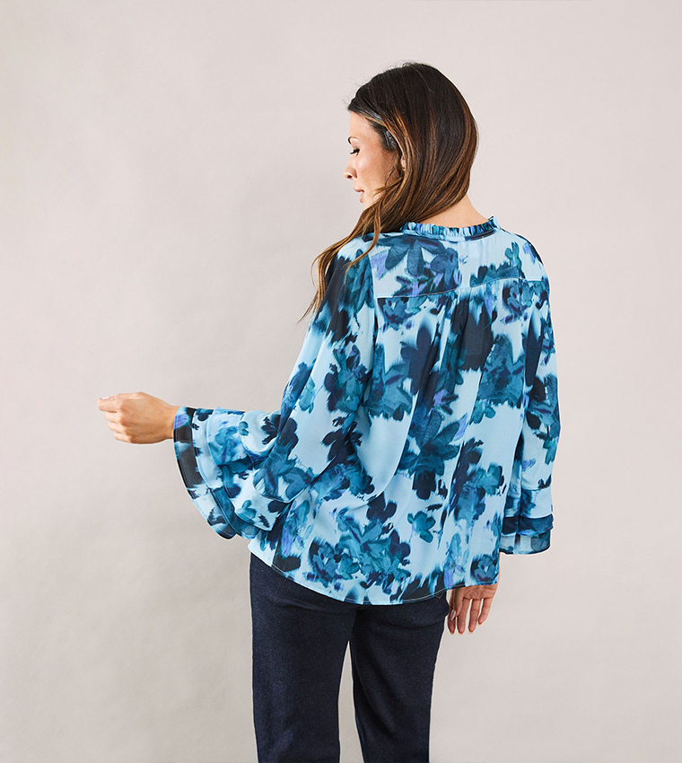 Floral Printed Ruffle Detail Tie Neck Top