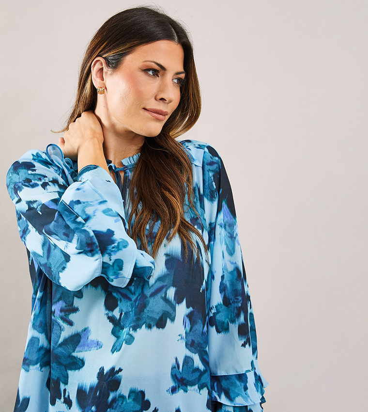 Floral Printed Ruffle Detail Tie Neck Top