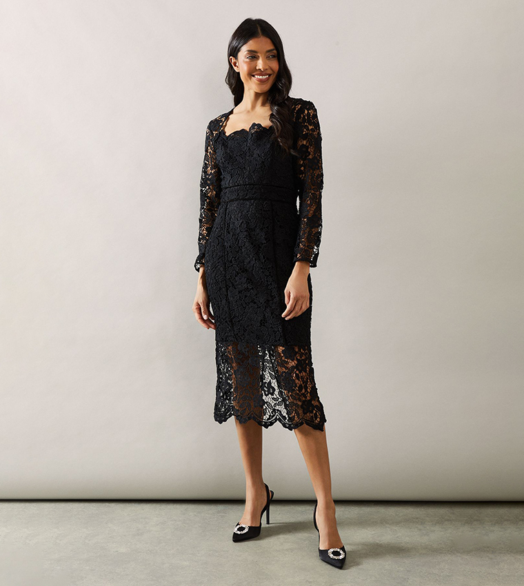 Lace Velvet Binding Pencil Midi Dress