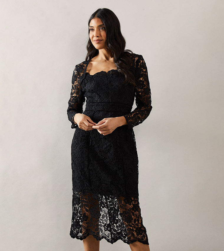 Lace Velvet Binding Pencil Midi Dress