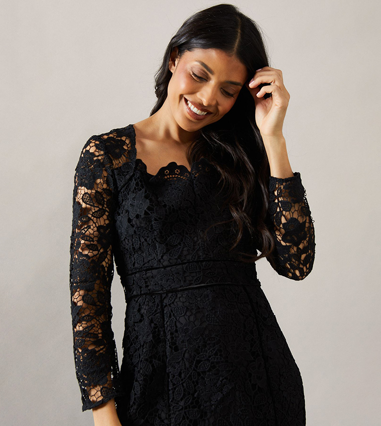 Lace Velvet Binding Pencil Midi Dress