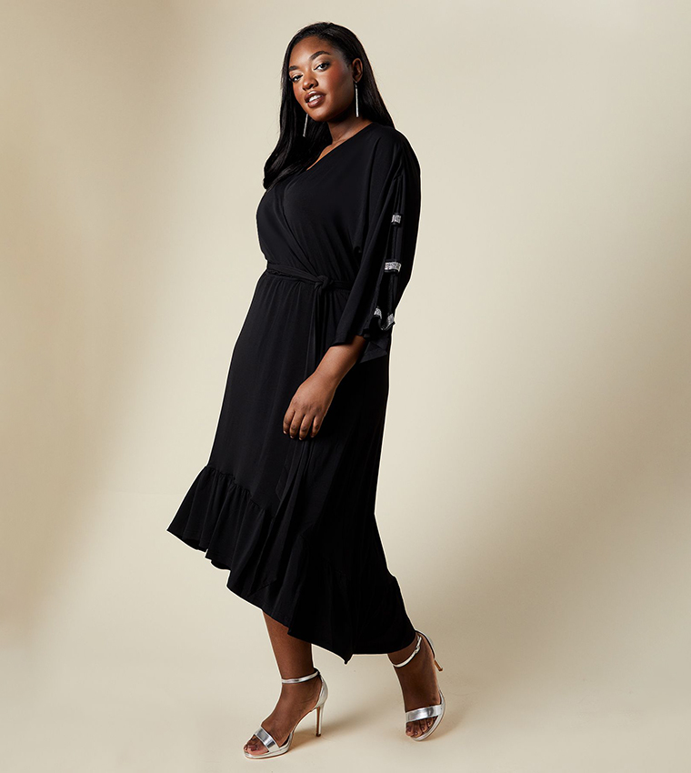 kimono wrap dress midi TFNC Bridesmaid kimono sleeve satin wrap midi dress in emerald green