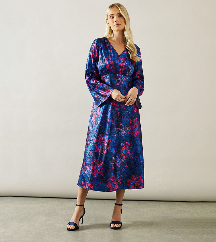 Petite Floral Print Satin Jacquard Midaxi Dress