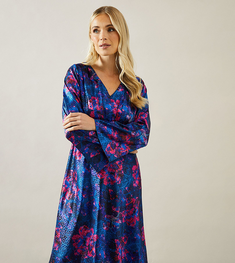 Petite Floral Print Satin Jacquard Midaxi Dress