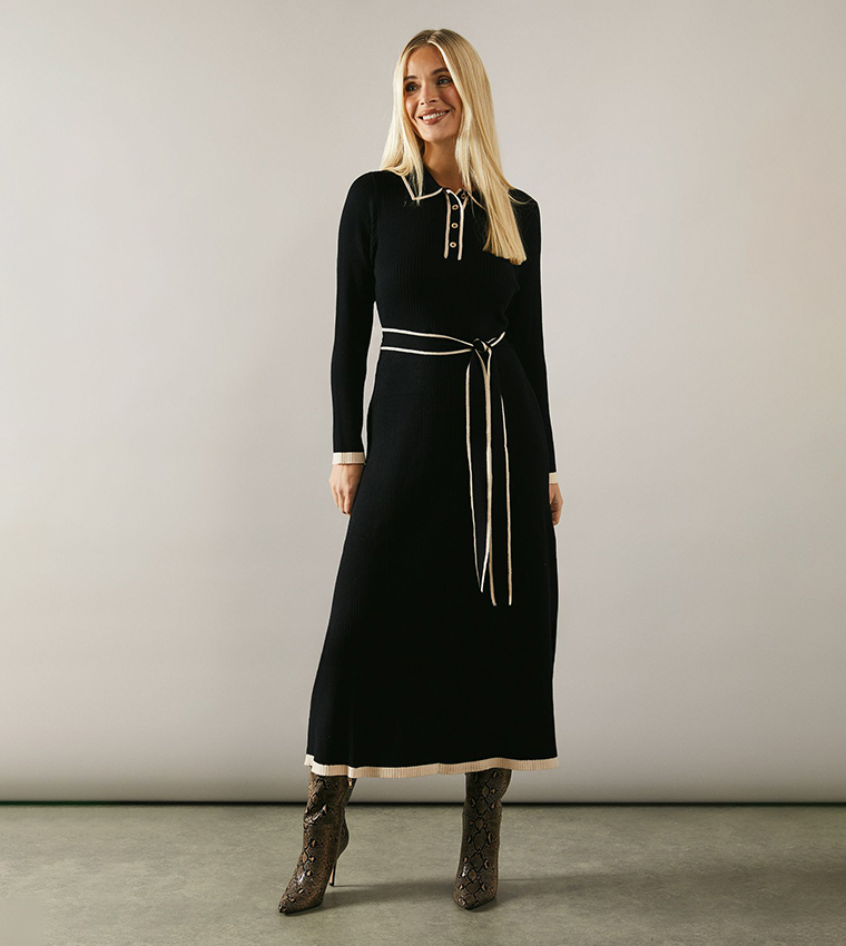 Petite Tipped Belted Knitted Midi Dress