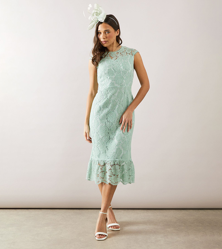 Buy Wallis Petite Cap Sleeves Flute Hem Lace Pencil Dress In Light