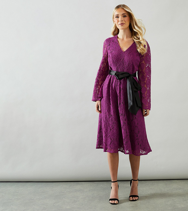 Petite Long Sleeves Satin Belt Lace Midi Dress