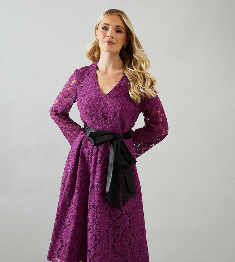 Petite Long Sleeves Satin Belt Lace Midi Dress