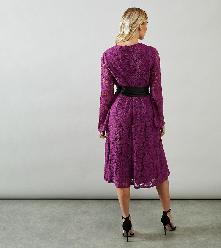 Petite Long Sleeves Satin Belt Lace Midi Dress