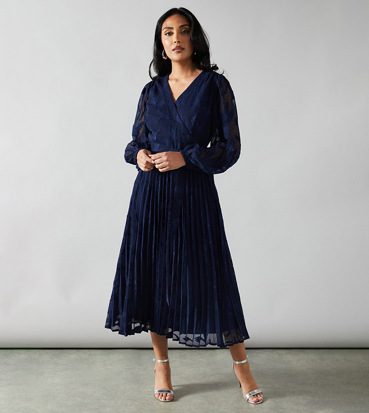 Buy Wallis Petite Georgette Jacquard Blouson Sleeves Wrap Dress In