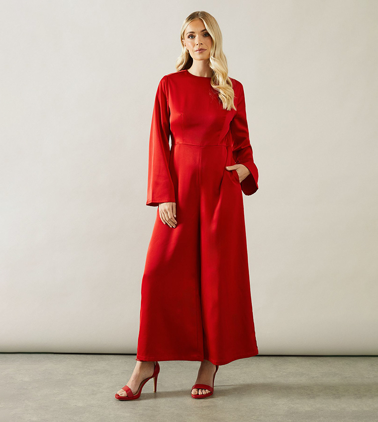 Petite Trumpet Sleeves Wide Leg Crepe Jumpsuit