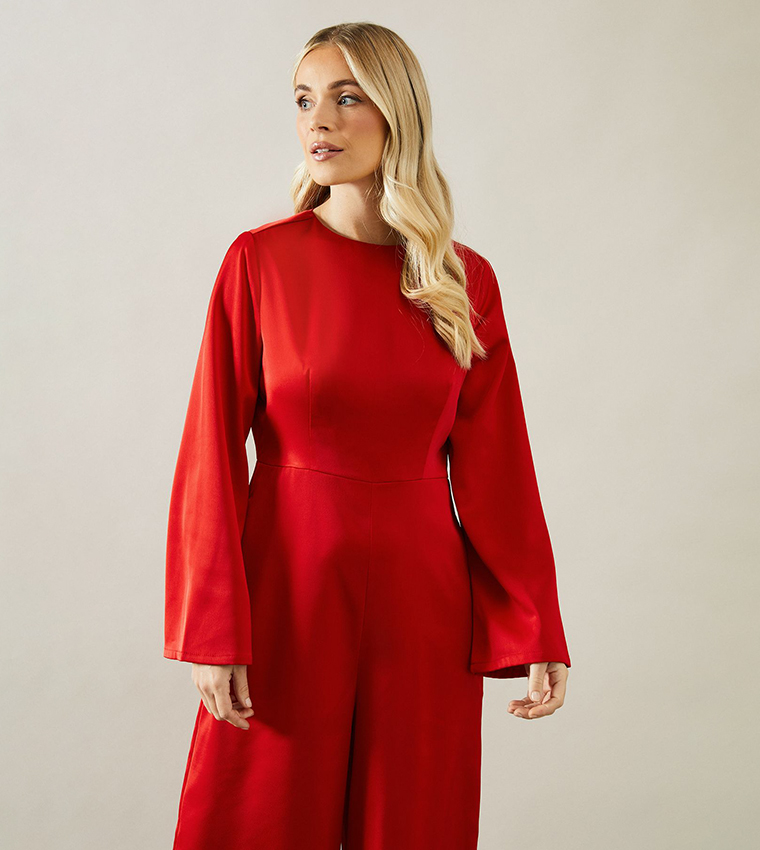 Petite Trumpet Sleeves Wide Leg Crepe Jumpsuit