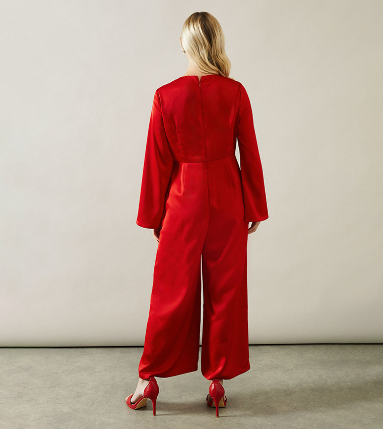Petite Trumpet Sleeves Wide Leg Crepe Jumpsuit