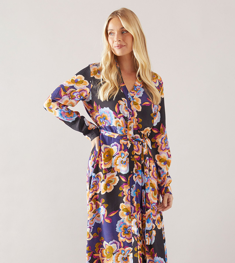Petite Floral Printed Viscose Button Through Shirt Dress