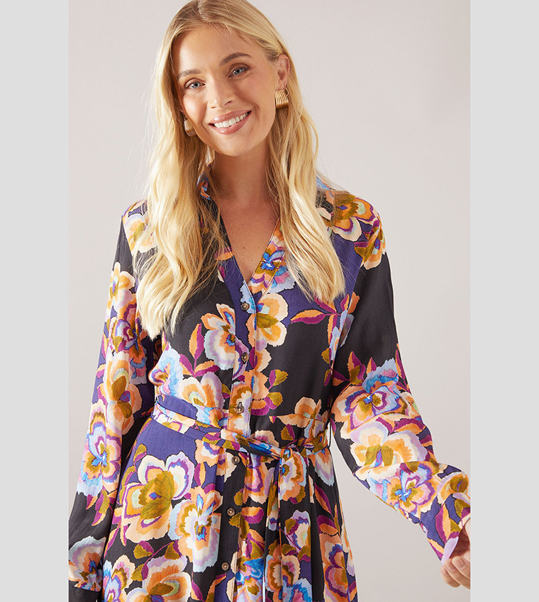 Petite Floral Printed Viscose Button Through Shirt Dress