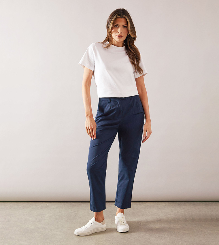 Buy Wallis Outlet Pleat Detail Straight Fit Trousers In Navy