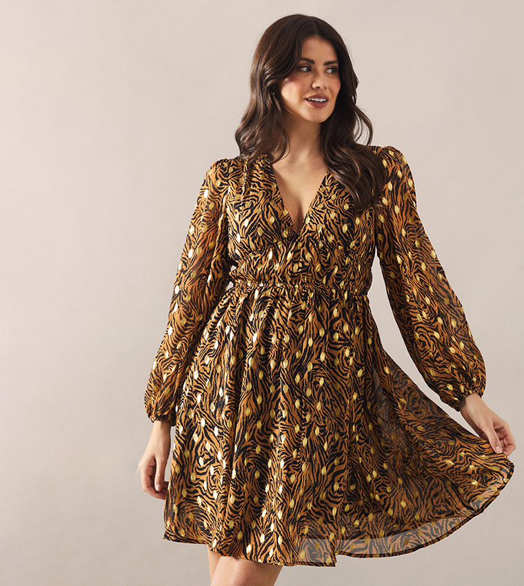 Printed Balloon Sleeves Metallic Mini Dress