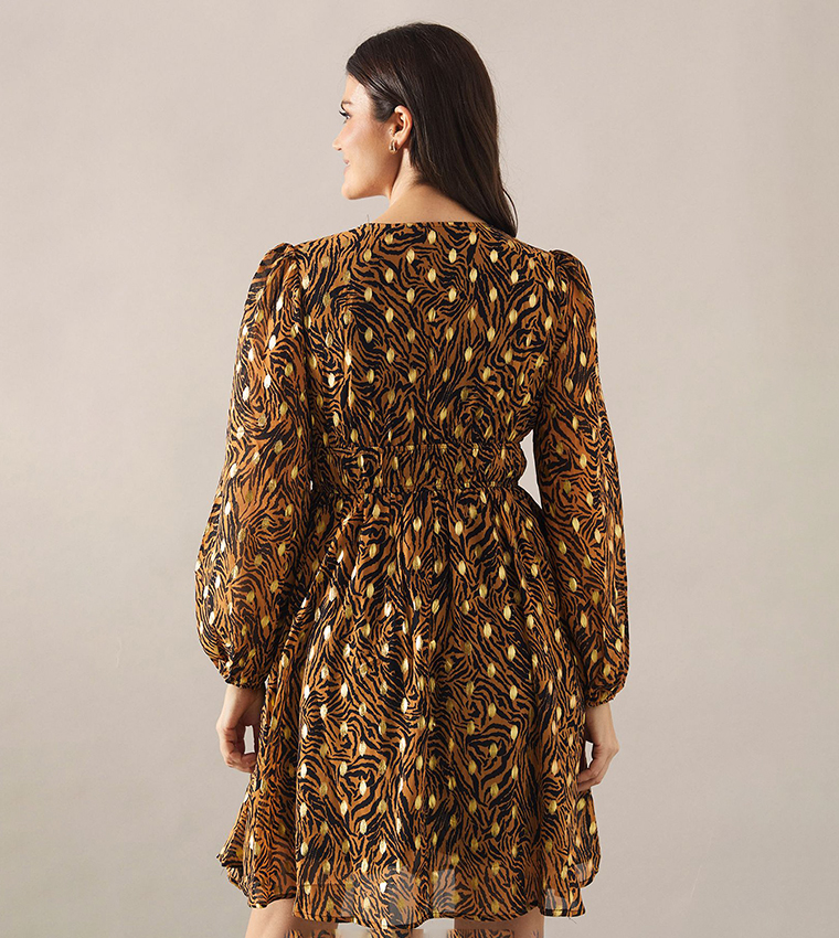 Printed Balloon Sleeves Metallic Mini Dress