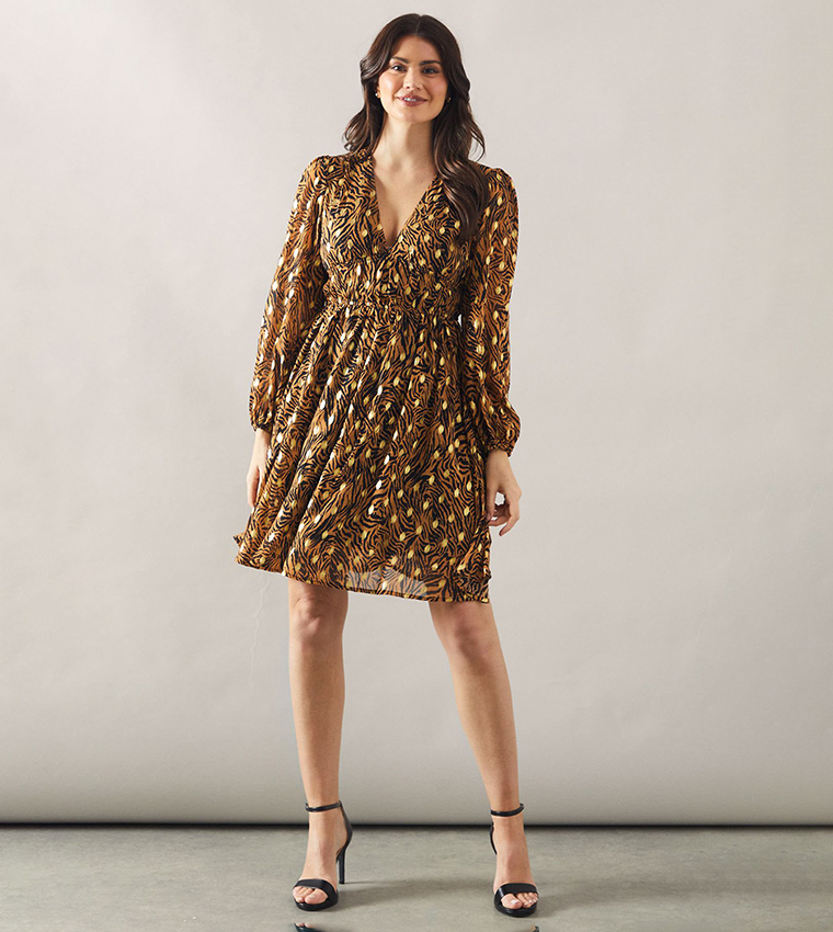 Printed Balloon Sleeves Metallic Mini Dress