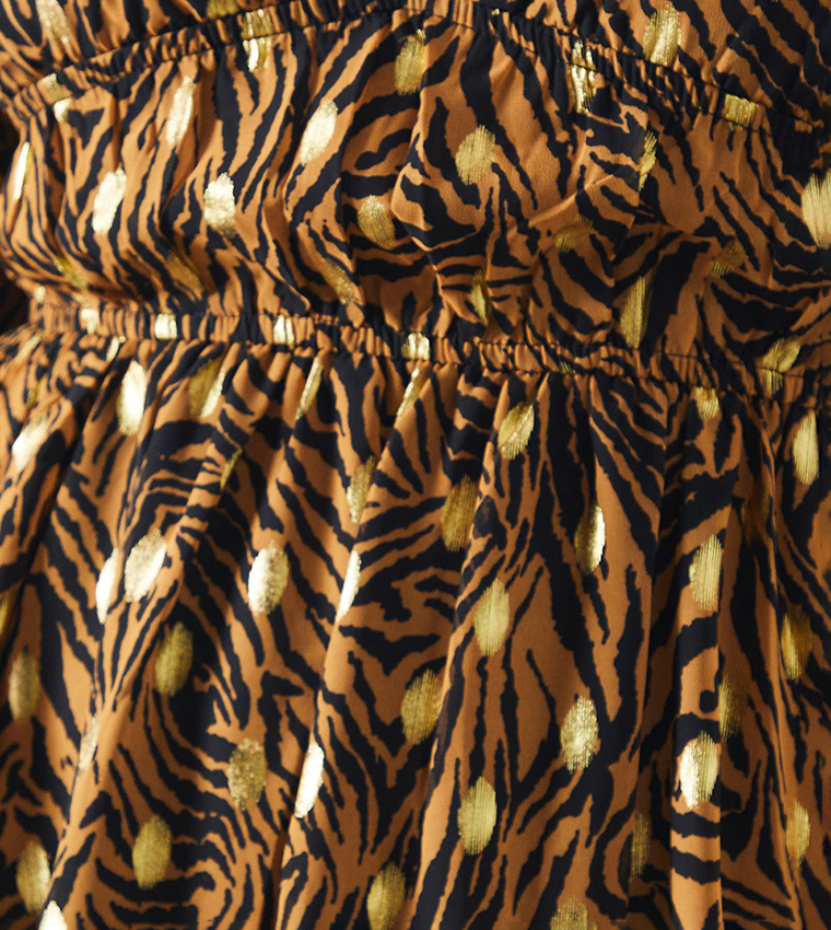 Printed Balloon Sleeves Metallic Mini Dress