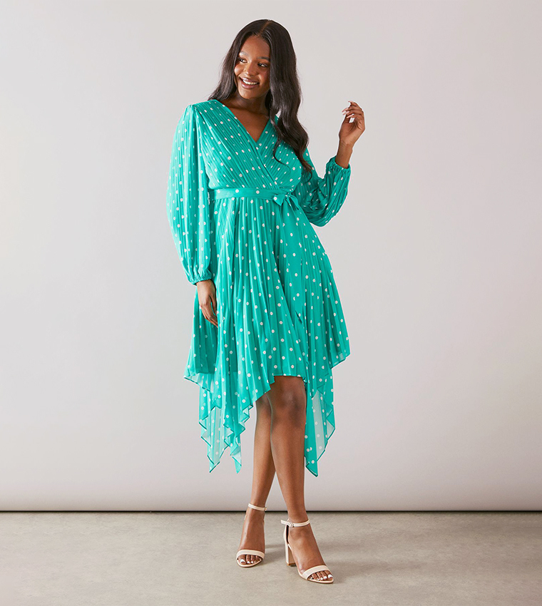 Buy Wallis Outlet Polka Dots Pleated Asymmetric Wrap Midi Dress In Green |  6thStreet Bahrain