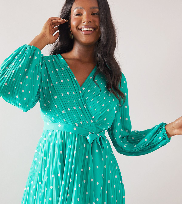Buy Wallis Outlet Polka Dots Pleated Asymmetric Wrap Midi Dress In Green