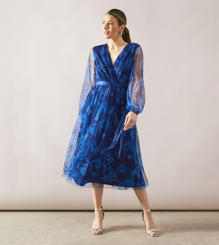 Floral Print Mesh Satin Tie Midi Dress