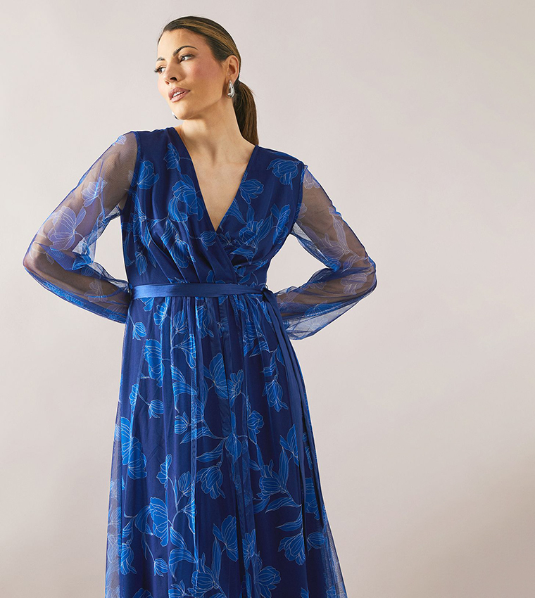 Floral Print Mesh Satin Tie Midi Dress