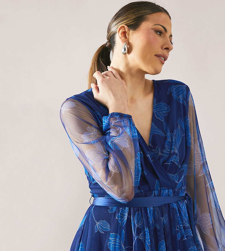 Floral Print Mesh Satin Tie Midi Dress