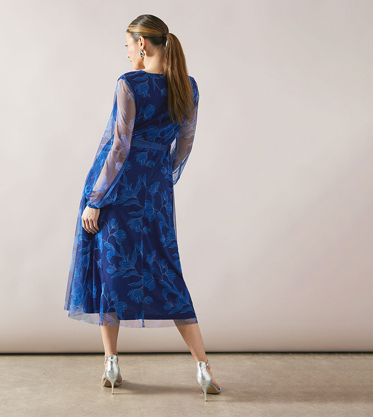 Floral Print Mesh Satin Tie Midi Dress