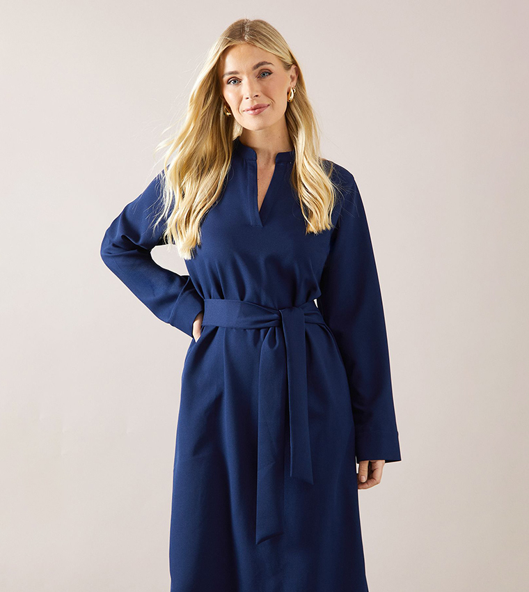 Petite Collared Long Sleeves Tie Waist Midi Dress