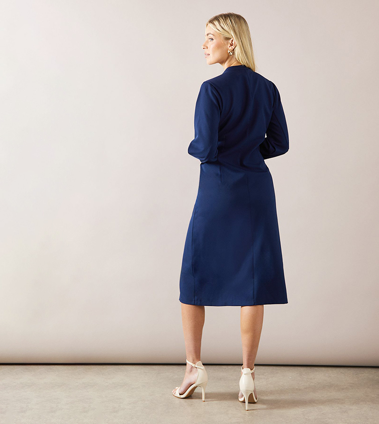 Petite Collared Long Sleeves Tie Waist Midi Dress
