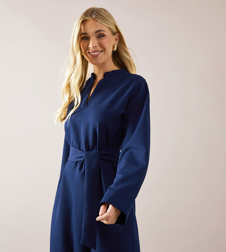 Petite Collared Long Sleeves Tie Waist Midi Dress