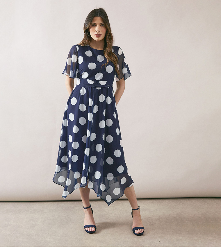 Polka Dots Twist Front Midi Dress