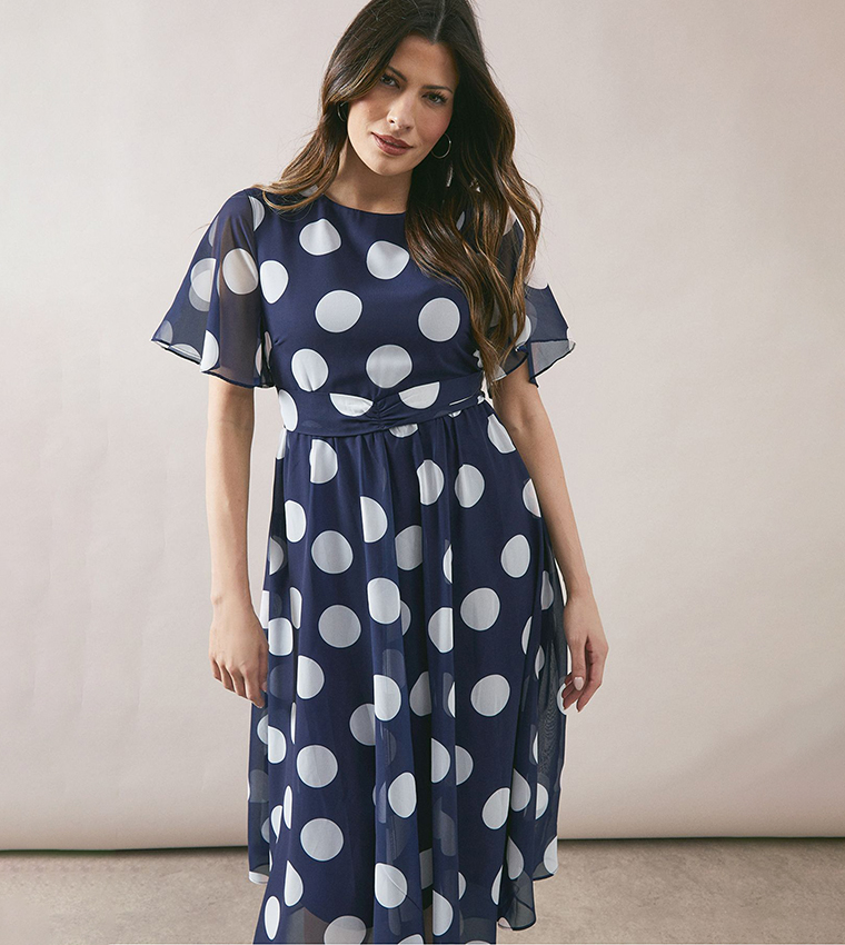 Polka Dots Twist Front Midi Dress
