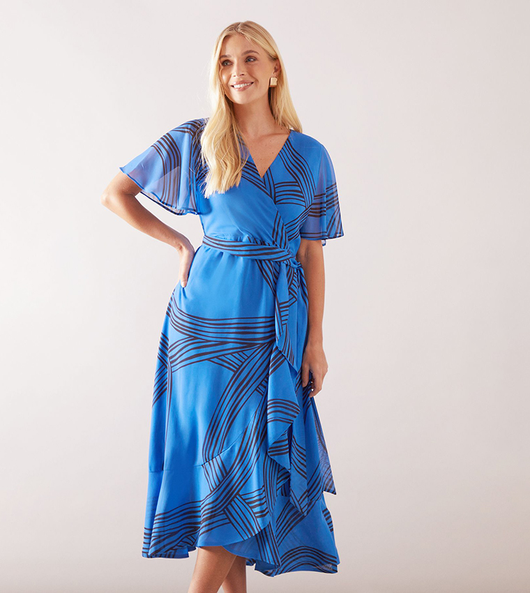 Petite Geo Ruffle Wrap Belted Midi Dress