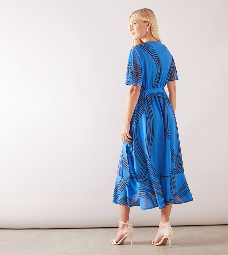 Petite Geo Ruffle Wrap Belted Midi Dress