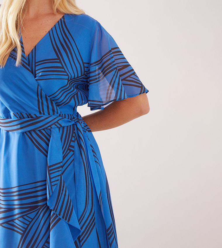 Petite Geo Ruffle Wrap Belted Midi Dress