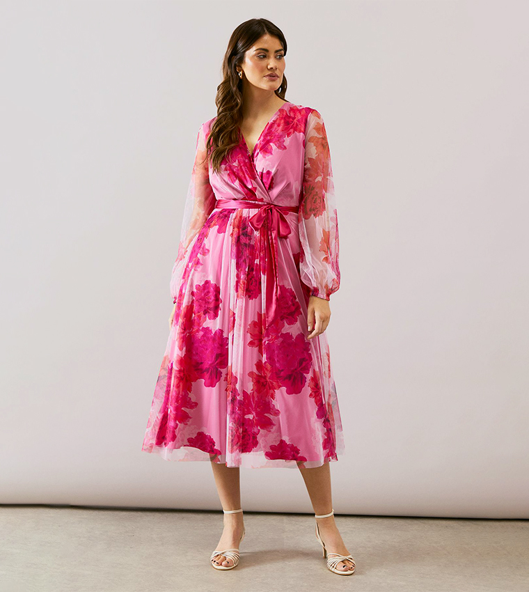 Floral Print Mesh Satin Tie Midi Dress