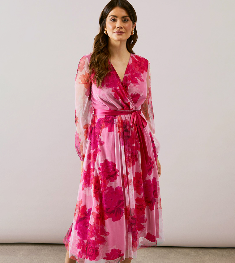 Floral Print Mesh Satin Tie Midi Dress
