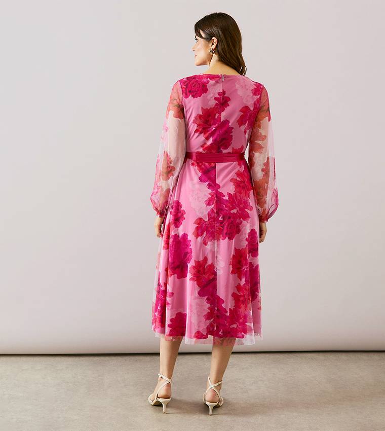 Floral Print Mesh Satin Tie Midi Dress