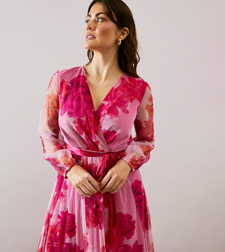 Floral Print Mesh Satin Tie Midi Dress